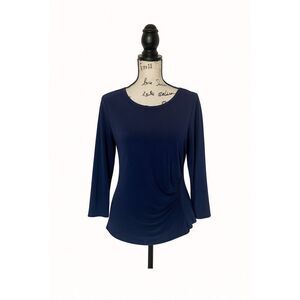 Pantology Women’s Navy Blue Silky Top Size M | Long Sleeve Side Ruched Blouse